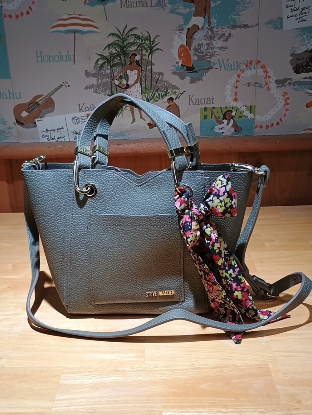 Steve Madden Bkarta Sage Pebbled Faux Leather Tote with Floral Scarf Accent